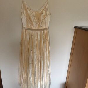 Cream satin embellished pearl Midi Dress